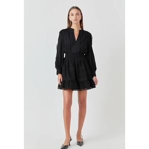 Anthropologie Endless Rose Woman Black  Long Sleeve Lace Trim Mini Dress…